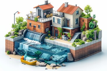Detailed miniature model of eco-friendly house with red roof and waterfall. Small yellow boat beside rocky shore, lush green plants, and clear water showcase sustainable living.