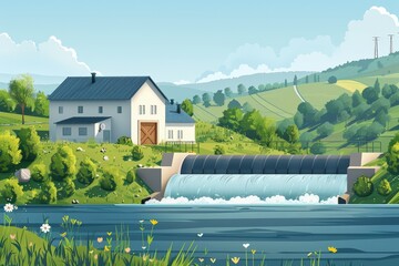 Rustic white house with red roof beside a waterfall in a lush green valley. Clear blue water and bright flowers under a clear sky create  