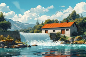 Rustic white house with red roof beside a waterfall in a lush green valley. Clear blue water and bright flowers under a clear sky create a tranquil rural scene.