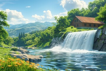 Serene landscape with rustic house beside a waterfall in lush green valley. Bright orange flowers and clear blue water under a bright sky create a peaceful rural scene.