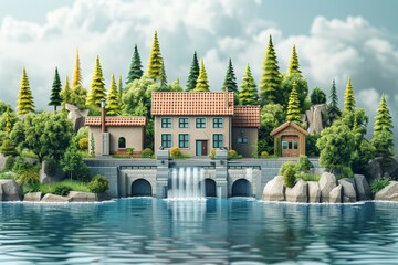 Modern house with red roof beside a hydropower plant in lush green forest. Clear water flows into a calm lake under a cloudy sky, showcasing sustainable energy solutions.