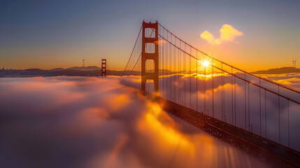 Obraz premium The sun rises behind the fog-covered Golden Gate Bridge, casting a warm, golden glow over the misty landscape as the city awakens to a new day. 