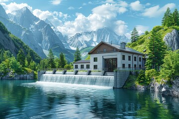 Modern hydropower plant beside a cascading waterfall in a picturesque mountain landscape. Snow-capped peaks and lush greenery create a stunning rural scene under a bright blue sky.