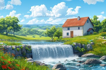 Bright white house with red roof beside a small waterfall in lush green valley. Clear blue water and vibrant flowers under a bright sky create a serene rural scene...
