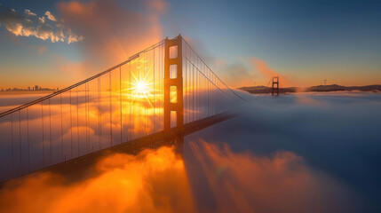 Fototapeta premium The sun rises behind the fog-covered Golden Gate Bridge, casting a warm, golden glow over the misty landscape as the city awakens to a new day. 