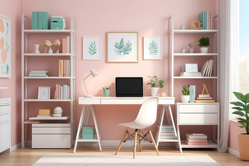 Fototapeta premium Home workplace, modern office room sunny, minimalistic style interior in pastel colors realistic vector with white furniture, laptop on desk, rack, and bookshelves, photo frames on wall design
