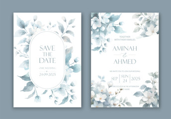 Wedding Invitation with delicate watercolor buds and leaves of jasmine.