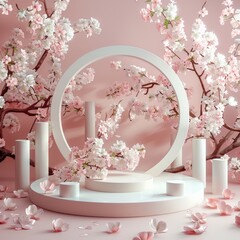 White flowers on branches surrounding circular frame and cylindrical pillars, with pink background. Petals scattered around create a serene, romantic setting. Soft lighting enhances elegant