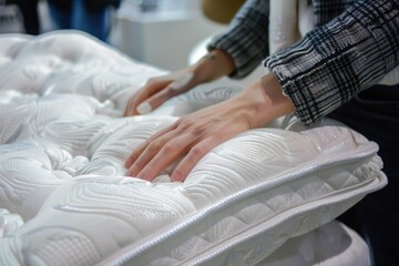 A close up of a person's hand on a mattress. Suitable for medical or relaxation concepts