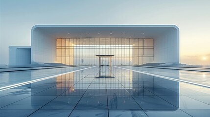 Minimalist architecture, exterior of the exhibition hall is a glass curtain wall, white walls and dark floor tiles, modern buildings. Generative AI.