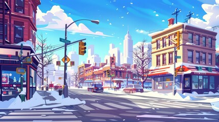 An urban winter scene with roads, traffic lights, and sidewalks. A snowy urban scene with highways and multistory buildings.