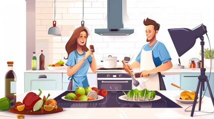 The image shows a couple of food bloggers cooking healthy food on camera, isolated on a white background. It depicts the couple streaming kitchen videos over the internet, ingredients on the table,
