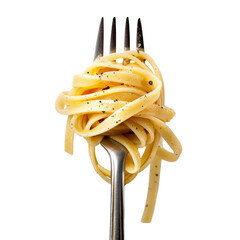 Fork with twirled fettuccine and black pepper
