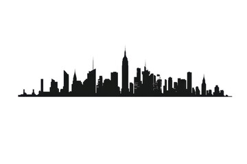 Naklejka premium A city skyline is shown in black. The buildings are tall and the city appears to be bustling with activity. The skyline stretches across the entire image, from the left to the right side