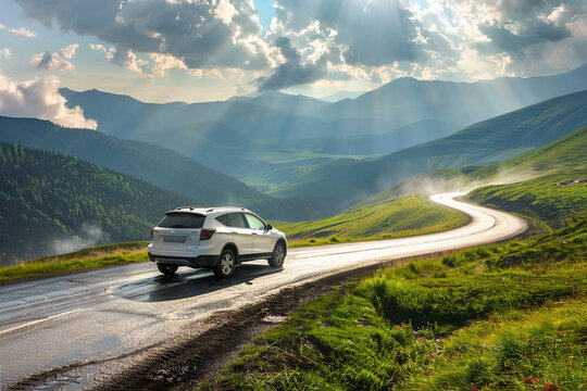 A white car is driving down a winding road in the mountains