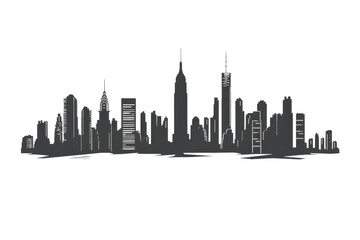 A city skyline with the Empire State Building in the middle. The buildings are tall and the city is bustling