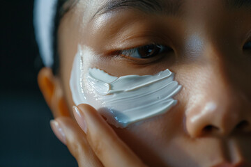 A woman is applying makeup to her face
