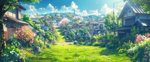 A Small Town With Many Green Lawns, Flowers And Trees, Bright Sunshine, In The Style Of Anime,...