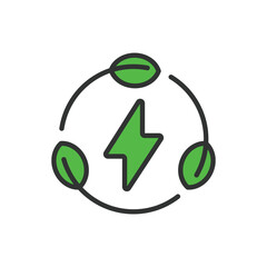 Eco energy, in line design, green. Eco, energy, renewable, sustainable, green, power, solar on white background vector. Eco energy editable stroke icon.