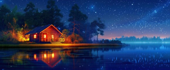 A Small Wooden House By The Lake, Surrounded By Trees And Grassland Under Starry Sky, Reflection In...