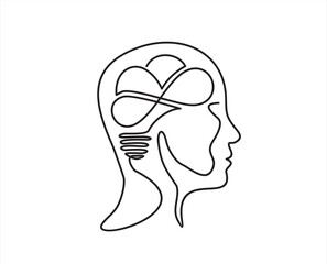 Continuous one line drawing light bulb-brain inside head with plug. Concept of creative idea, education and imagination in linear style. Doodle Vector illustration