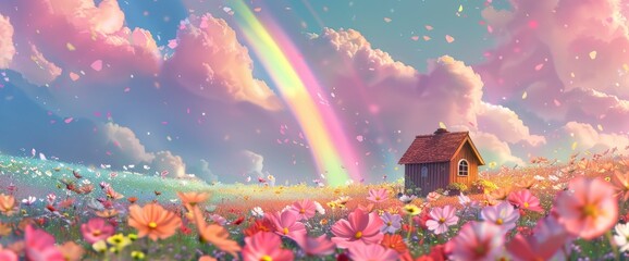 A Small Wooden House Stands In The Colorful Flower Sea, Surrounded By Blooming Flowers Of Various...