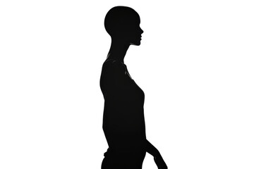 A woman is walking on a transparent background. The image is in black and white. The woman is wearing a black shirt and is carrying a handbag. The image has a simple and elegant feel to it