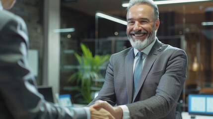 Happy middle aged businessman leader shaking hands with customer with team management board in conference room