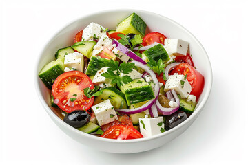 A bowl of salad with tomatoes, cucumbers, and onions