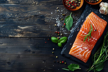 A piece of salmon is on a black plate with a variety of spices - Powered by Adobe