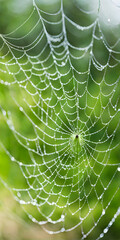 Close-up of dew-kissed spider web between verdant summer leaves. Minimalist style background softly captures nature's intricacies