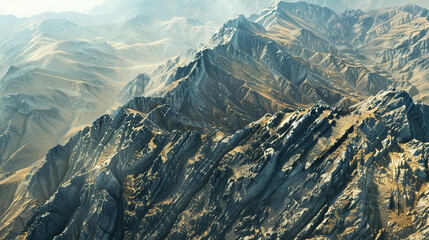 Rugged Mountain Terrain An aerial view of rugged mountain terrain with textured surfaces of rocky cliffs and craggy peaks highlighting the raw and untamed beauty of mountain landscapes. - Powered by Adobe