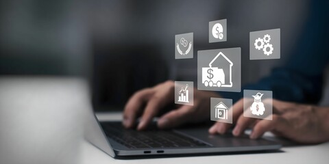 A businessman using laptop on investment concept, invest money, business and finance, capital fundraising, dollar loan credit.