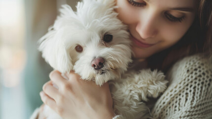 Young woman holds her dog in her hands Cute white dog in the arms of its beloved owner