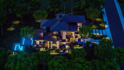 3d rendering of modern two story house with gray and wood accents in night