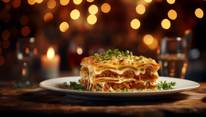 Italian lasagna, blurred background, warm restaurant ambiance, space for text 