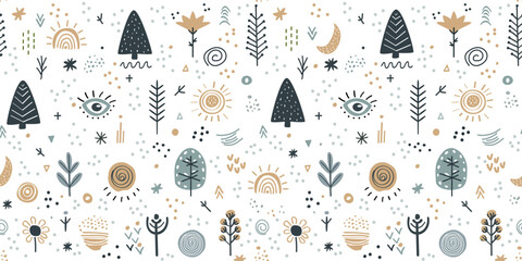 Seamless pattern with cute children hand drawn trees, plants, design elements on white background in Scandinavian style