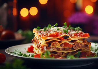 Italian lasagna, blurred background, warm restaurant ambiance, space for text 