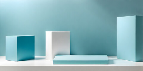 Minimalistic podium in bright blue pastel colors designed for product presentation