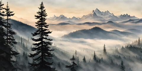 Obraz premium Fog obscuring the peaks of majestic mountains, landscape engulfed in a soft grey mist