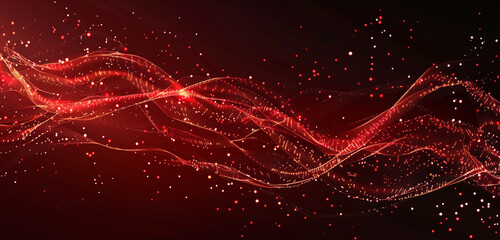 Vibrant red glowing wave with particles on dark.