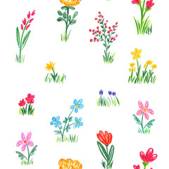 Seamless botanical pattern. Field, meadow, garden, various bright flowers, grass. Hand drawn children's drawing with colored pencils