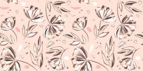 Seamless floral pattern with hand drawn flower garden and leaf background elements