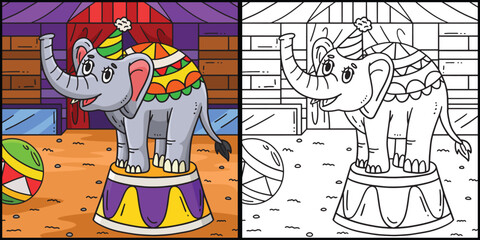 Circus Elephant On A Podium Colored Illustration