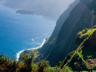 Aerial view of Beautiful mountains and green hills in Madeira, Portugal.
