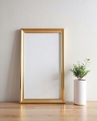 Golden frame mockup in interior with plant in vase.