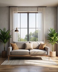 Interior of modern living room with brown sofa, carpet and plants.