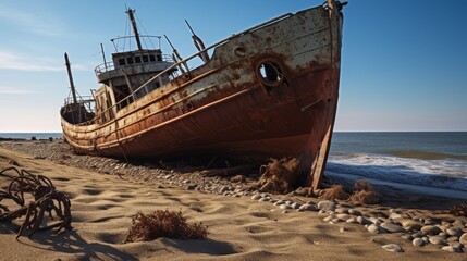 Abandoned old ship on the seashore after a wreck