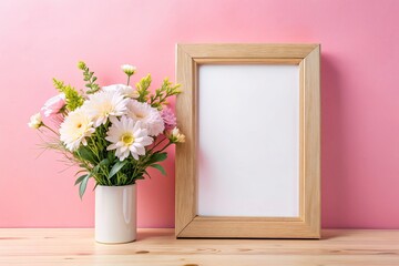 White frame mockup with flowers in vase on wooden table.