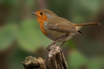 Fototapeta premium Vibrant robin perched atop a wooden rod on the ground